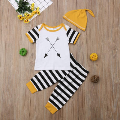 

3Pcs Newborn Infant Baby Boy Casual Top T-shirt Striped Pants Beanie Hat Outfit Clothes Set
