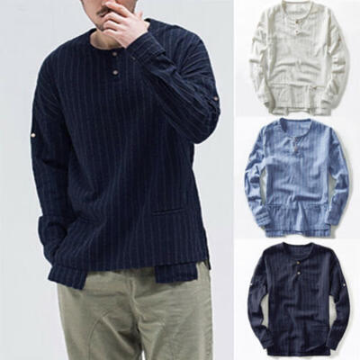 

Mens Cotton Linen T-shirt Tops Casual Long Sleeve Vintage Stripe Tee Thin Blouse