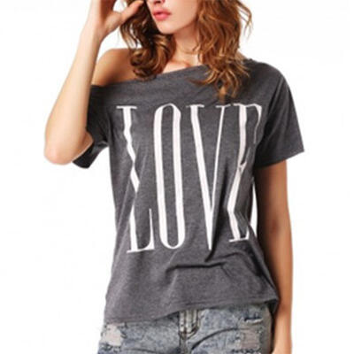 

fashion summer sexy t shirt women tops short sleeve slash neck off shoulder pink letter causal t-shirt