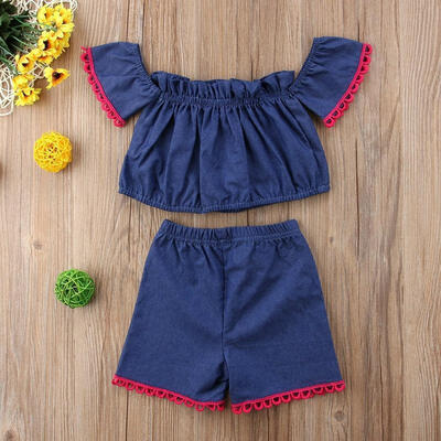 

Toddler Baby Girl 2 Piece Outfit Off Shoulder Short Sleeve Demin Tops Shorts
