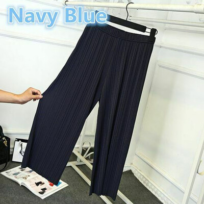 

Women Pleated Chiffon Flax Wide Leg Pants Elastic Waist Trousers Casual Pants
