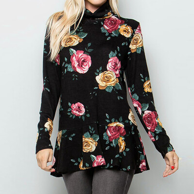 

Tailored Women Fashion Casual Floral Printing Turtleneck Long Sleeve T-Shirt Blouse