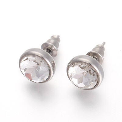

304 Stainless Steel Stud Earrings with Rhinestone Flat Round Crystal 10x6mm Pin 09mm