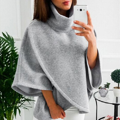 

Womens Fashion Solid Color Loose Cloak Sweater High Collar Irregular Tops Warm