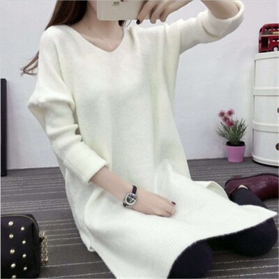 

Womens autumn&winter new Korean version of simple pure color double V neck long loose knitted sweater pullovers