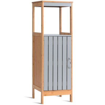 

Bathroom Floor Cabinet Freestanding Single Door Bamboo 3-Tier Storage