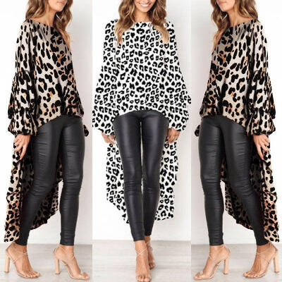 

Women Leopard Printed Blouse Female Asymmetric Lantern Sleeve Long Loose Tunic Blouse Casual Elegant