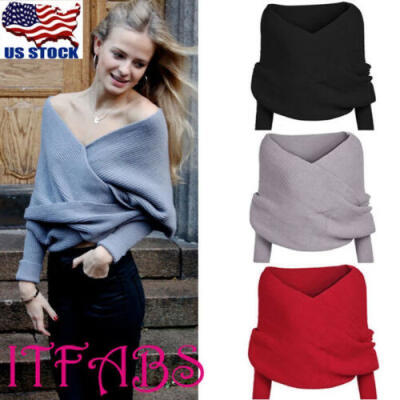 

US STOCK Women Off shoulder Knit Wrap Scarf W Sleeve Shawl Scarves Sweater Tops