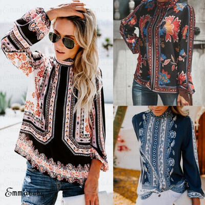 

Women&acutes O Neck Loose Long Sleeve Printed Casual Blouse Shirt Tops Ladies Blouse