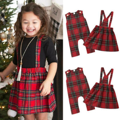 

US 0-5Y Baby Girl Sisters Christmas Romper Sling Dress Party Plaid Xmas Outfits