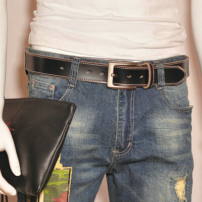 

Mens leather belt pin buckle handmade mens casual belt tide Korean version of the wild cool denim wide