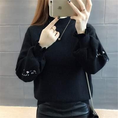 

2018 autumn&winter new Korean version of loose pure color embroidery knitted sweater sweater students sweater