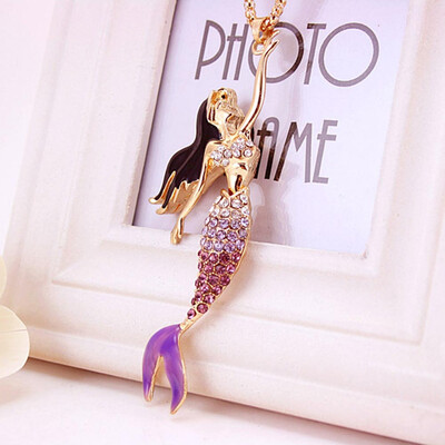 

New Hot Crystal Enamel Mermaid Pendant Sweater Chain Necklace Jewelry