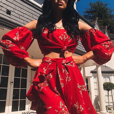 

Women Long Sleeve Crop Tops Skirt Boho Dress Set Party Evening Beach Sundress