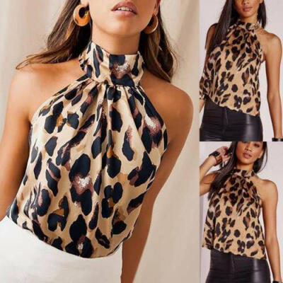 

Womens Leopard Printed Halter Neck Cami Vest Evening Party Tops Christmas Blouse