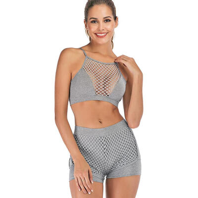 

2pcsset Sexy Women Sports Yoga Mesh Hollowed Sleeveless Sling Tops Pants