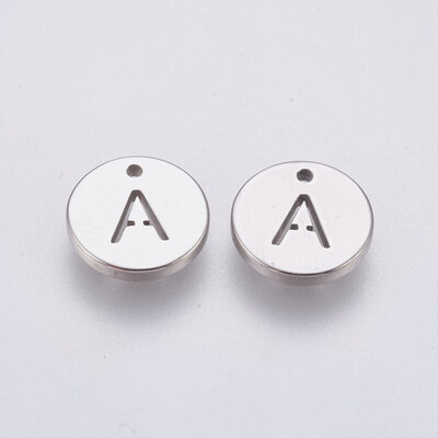 

304 Stainless Steel Charms Flat Round with Letter Stainless Steel Color LetterA 10x1mm Hole 1mm