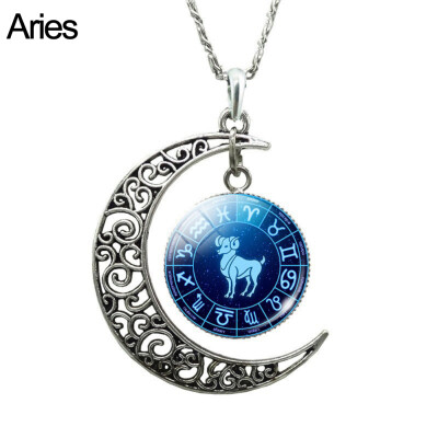 

Unisex Augury Jewelry 12 Constellations Hollow Crescent Moon Faux Gem Necklace
