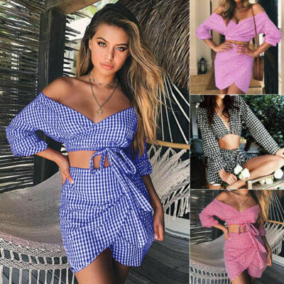 

Summer Beach Women Evening Party Dress Short Skirt Sexy Crop Top Two Piece Set