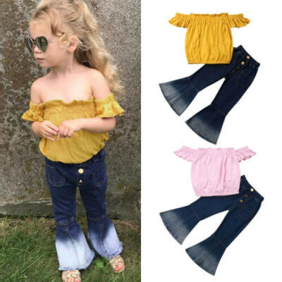 

Toddler Kids Baby Girls Off Shoulder Tops Denim Pants Jeans Outfits Clothes Set