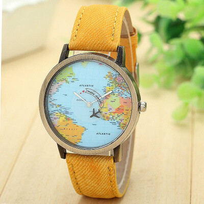 

Top Brand Fashion Plane And World Map Denim Fabric Band Watch Casual Women Wristwatches Quartz Watch Relogio Feminino Gift F