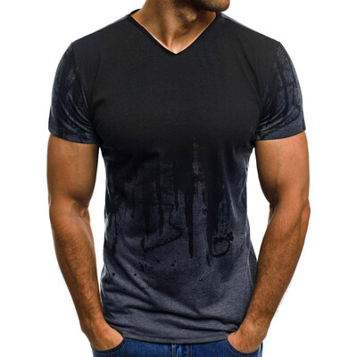 

Toponeto Mens V-Neck Gradient Striped Pattern Casual Fashion Lapel Short Sleeve Shirt