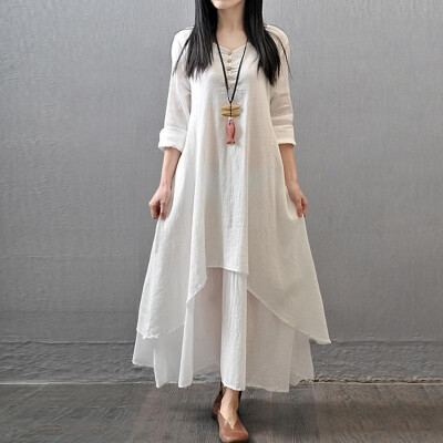 

2019 spring&autumn new fake two long skirts literary big swing linen dress loose long-sleeved cotton skirt black