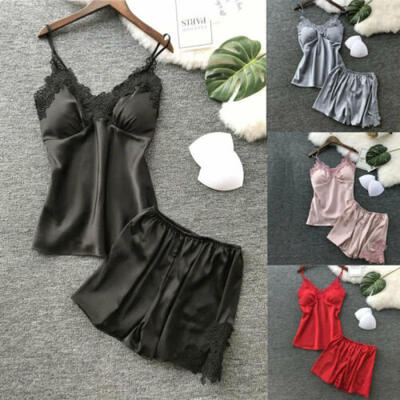 

UK Summer Women Sexy Pajamas Silk Pijamas Sleepwear Deep V Sling Lingerie Set