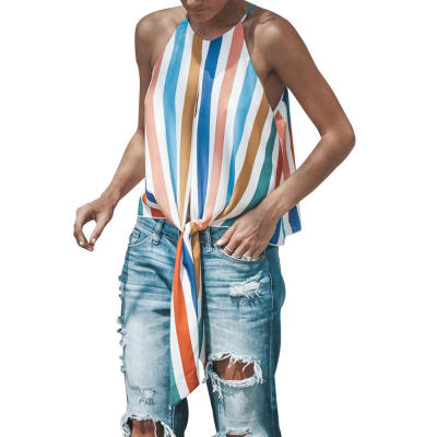 

Casual Loose Women Vest Sleeveless Colorful Stripes Bow Bandage Summer Tops