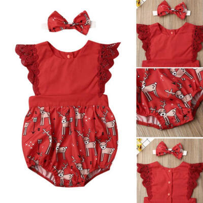 

Cute Kid Baby Girl Xmas Christmas Party Deer Romper Bodysuit Headband Outfit Set