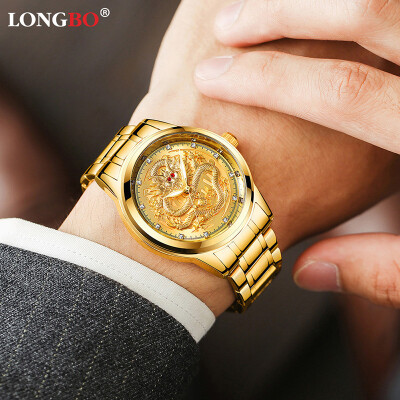 

Longbo80695watch mens waterproof luminous gold three-dimensional embossed Jinlong quartz watch