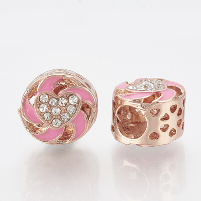 

Alloy Rhinestone European Beads with Enamel Large Hole Beads Hollow Column Pink Crystal Rose Gold 115x10mm Hole 5mm