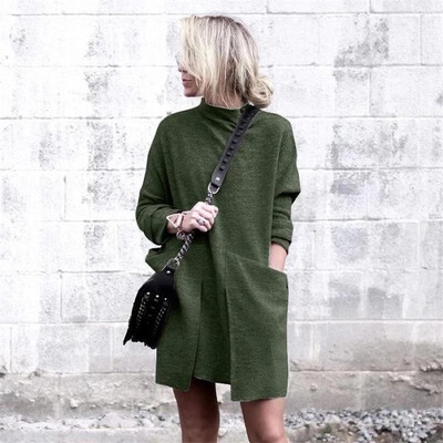 

New Women Autumn Winter Casual Dress Stand Collar Long Sleeve Solid Big Pockets Loose Mini Dress
