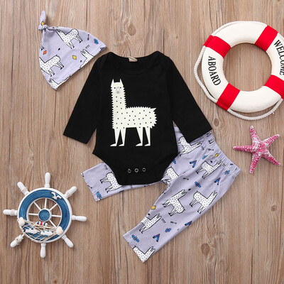 

Newborn Baby Boys Girls Long Sleeve Cartoon Print Tops Pants Cap Clothes Sets