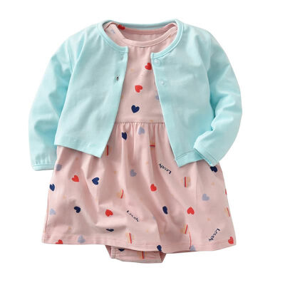 

Baby Girl Clothes Infant Cue Flower Deer Heart Print Dress with Solid Open Stitch Coat Set Children Clothing For Girl