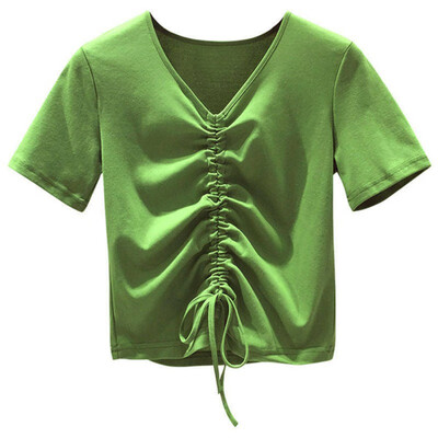 

Women Summer Fashion V-neck Solid Color Slim Short Sleeve Casual T-Shirt Simple Drawstring Wild Short Tops