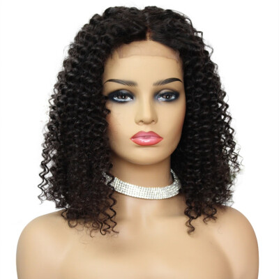 

AISOM 44 Lace Closure Human Hair Kinky Curly Lace Wig 250 Density Pre plucked Hairline Natural Color