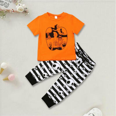 

US Toddler Baby Boy Girl Halloween Pumpkin Top T-shirt Stripe Pants Clothes 1-5Y
