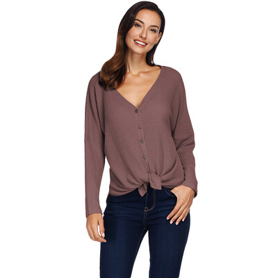 

V Neck Long Sleeve Solid Color Button Tied Blouse Women Knit Cardigan