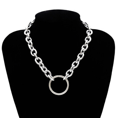 

Punk Women Hollow Circle Pendant Linked Curb Chain NecklaceBracelet Jewelry