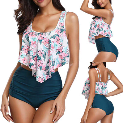 

Saidsome Women Two Piece Plus Size Sexy Backless High Neck Halter Floral Printed Set