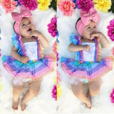 

US 2Pcs Newborn Baby Girl Rainbow Clothes Vest Ruffle Romper Dress Outfit Summer