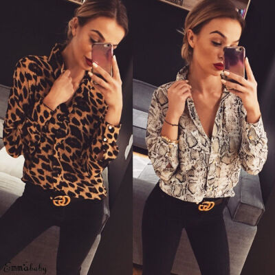 

Women Summer Leopard Print Long Sleeve Button V Neck T Shirt Casual Blouse Tops