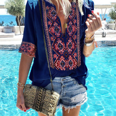 

Starmoon Women Ethnic Style Boho Half Sleeve V-Ncek Vintage Top T-Shirt Blouses