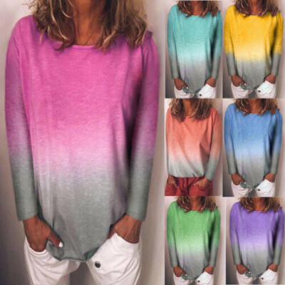 

Womens Gradient T-Shirt Tops Summer Long Sleeve Casual Loose Blouse Tee Shirts