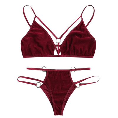 

Toponeto New Sexy Women Ring Linked Velvet Lingerie Set Hollowing V-Neck Bra With Thong