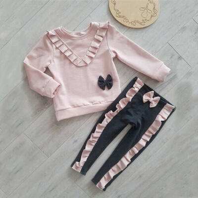 

Kids Baby Girl Clothes Sweatshirt Pants Trousers Ruffle Bowknot Outfit Tracksuit