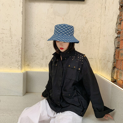 

Autumn&winter street stars with plaid printed basin hat mens moon sun denim Korean version of net red fisherman hat women