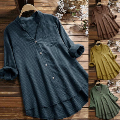 

Women Retro V Neck Long Sleeve Casual Loose Baggy Tunic Tops Blouse Plus Size