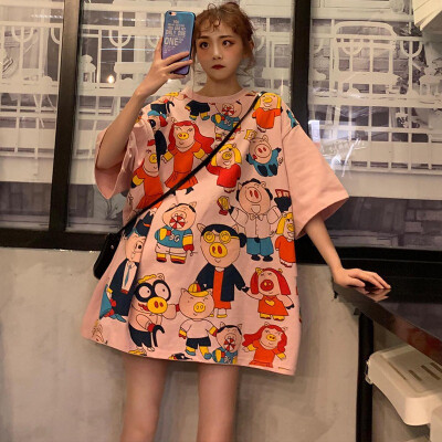 

Plus Size Tee Long Clothing Length Trend Personality Graffiti Cartoon Print Top Loose Casual Short-sleeved Womens O-Neck